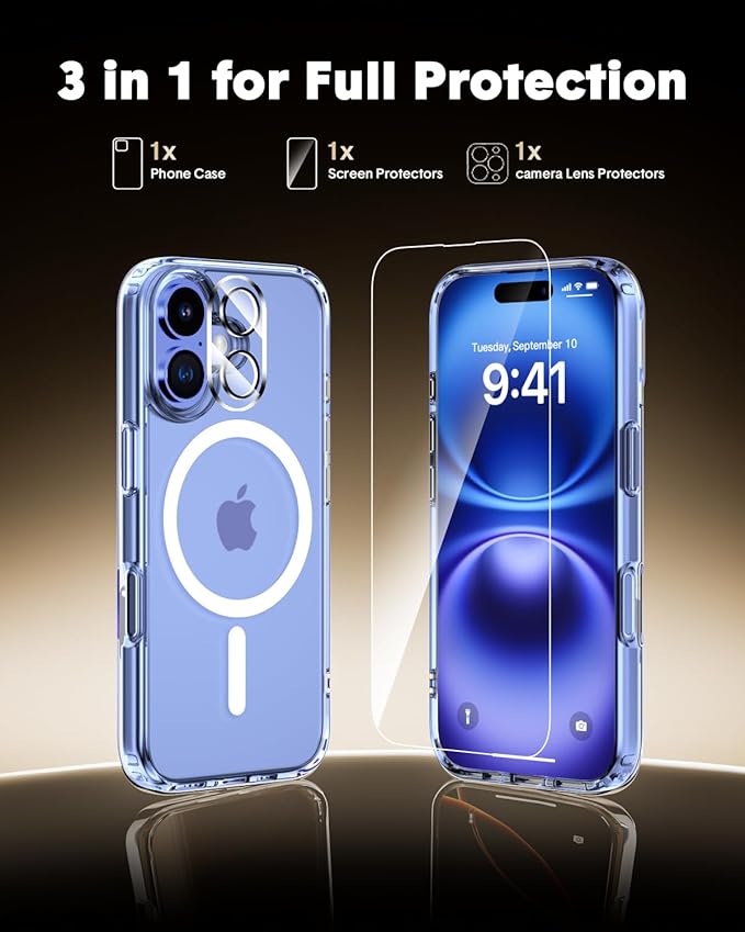 for iPhone 16 Case,Compatible with MagSafe,Magnetic Slim Cover,Anti-Yellowing & Shockproof,Full Camera Protection,Includes Screen & Lens Protectors,Clear Protective Case