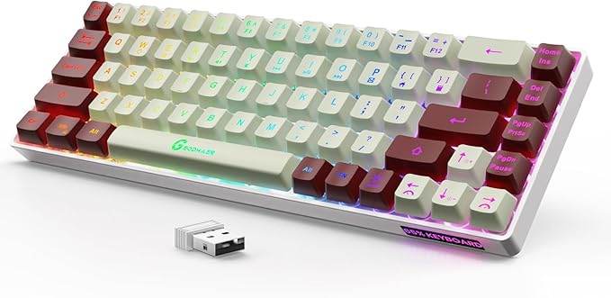GEODMAER 65% Wireless Gaming Keyboard: LED Backlit, 68 Keys, Ultra-Compact, Anti-ghosting, No-Conflict Wireless Keyboard for PC Laptop Windows Gamer(White-Red)