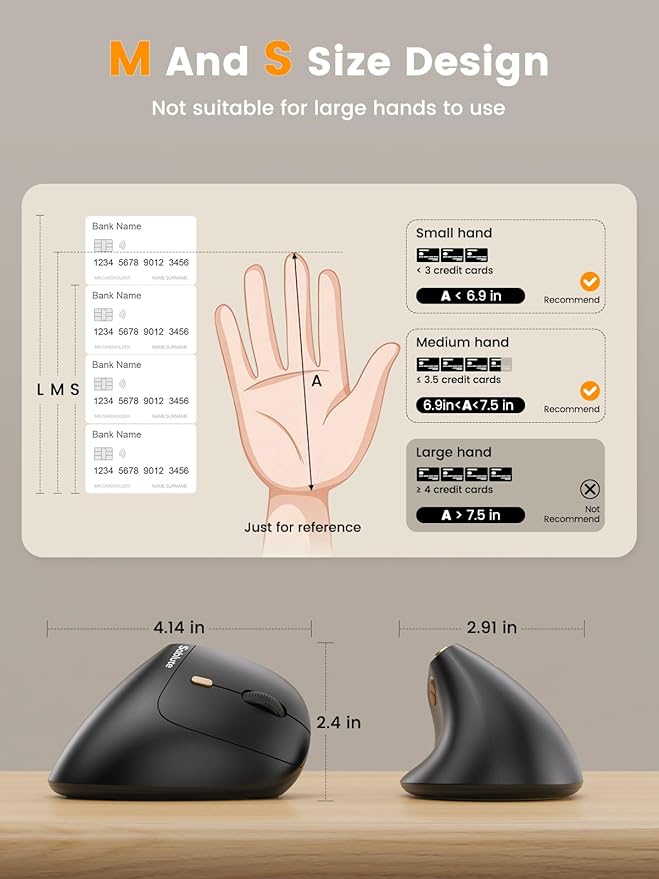 SABLUTE MAM3 Ergonomic Mouse, Bluetooth Mouse for Small/Medium Hands,Dual-Device Connectivity for Computer/Laptop, Rechargeable Wireless Vertical Mouse with 4 Adjustable DPI for Window,Mac OS,Black