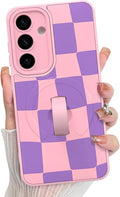 KANGHAR Compatible with Samsung Galaxy S25 Case, Support for MagSafe, Silicone Checkered Cute Pattern, Wristband Kickstand Camera Protection Soft Slim Cover for Girls Women -Pink