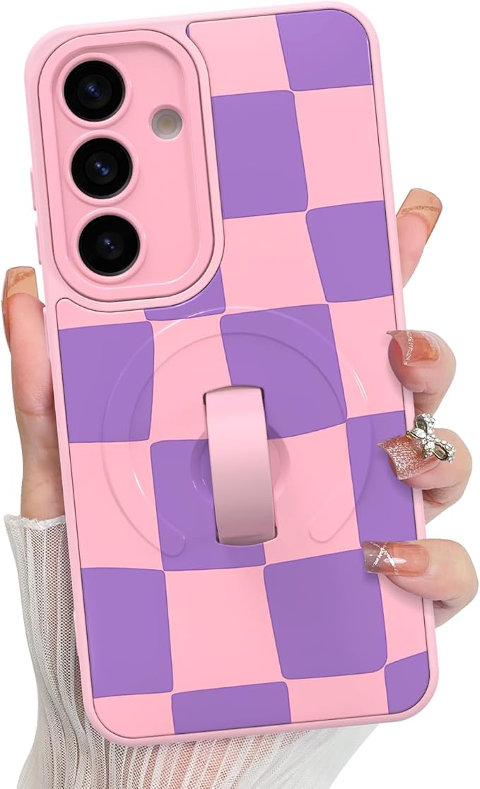KANGHAR Compatible with Samsung Galaxy S25 Case, Support for MagSafe, Silicone Checkered Cute Pattern, Wristband Kickstand Camera Protection Soft Slim Cover for Girls Women -Pink