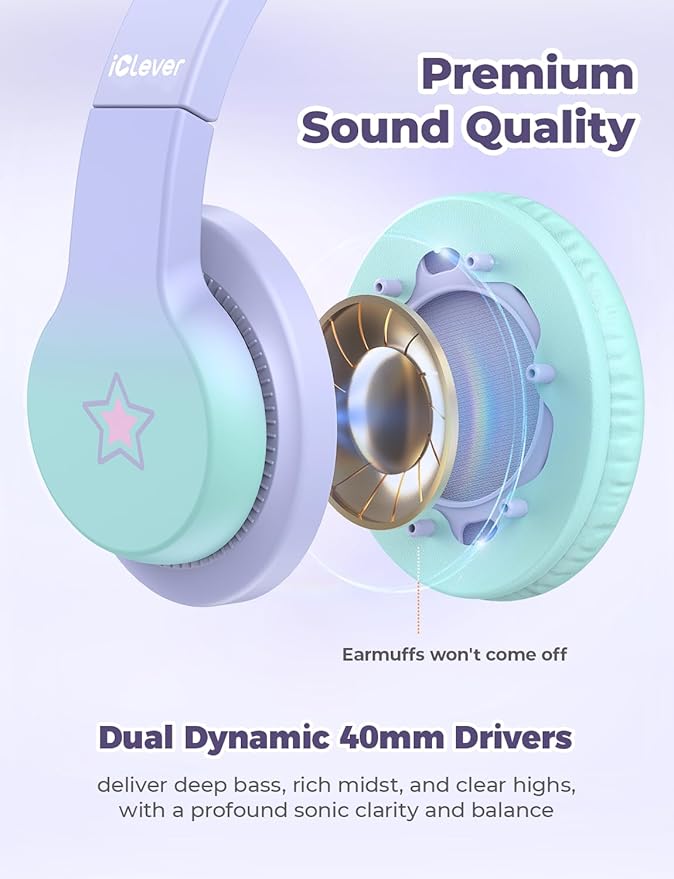 iClever HS19S Kids Headphones, 85dBA Safe Volume Limiter - Over Ear Stereo Headphones for Kids Boys Girls, Foldable 3.5mm Jack Wired Headphone for iPad/Tablet/School/Travel