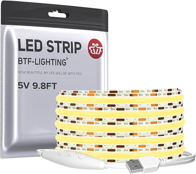 BTF-LIGHTING FCOB COB FOB LED Strip Lights 5V USB Powered 9.8FT 960LEDs Warm White 3000K 8mm Width Dimmable CRI 90+ with 3M Tape Flexible High Density for 3D Printer TV Backlight PC DIY Decor