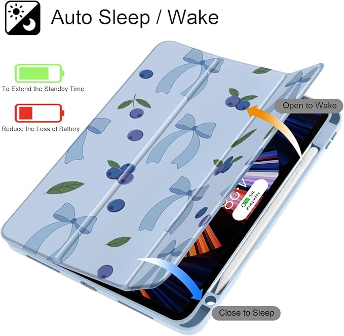 Tuiklol for iPad Pro 12.9 Inch 6th/5th/4th/3rd Generation 2022 2021 2020 2018 Case,Built-in Pencil Holder Clear Transparent Protective Back Shell Cover with Auto Sleep/Wake, Blueberries-Blue