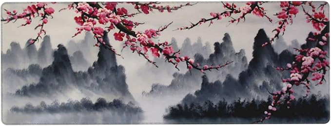 Japanese Sakura Watercolor Painting Extended Mouse Pad 31.5x11.8 Inch Cherry Blossom Flower Non-Slip Rubber Base Mousepad Stitched Edges Keyboard Mouse Mat with Stitched Edges for Gaming and Office