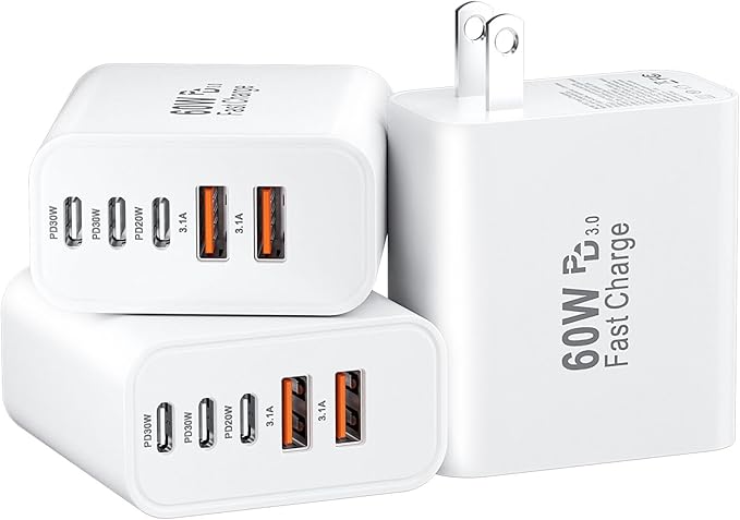 USB C Fast Wall Charger Block, 3Pack 60W USBC Charging Cubes, 5-Port PD+QC Power Adapter Multiport Brick Type C Box Plug for Phone 17/16/15/14/13/12/11/Pro Max/Plus, Pad Mini/Pro/S25/S24-White