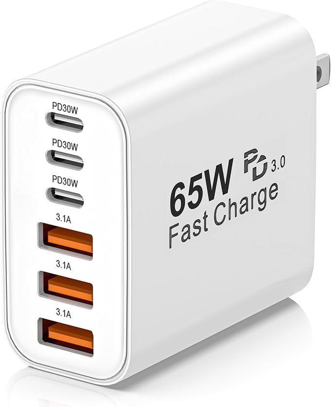 USB C Charger Block,65W 6-Port USBC Charging Block,Wall Charger iPhone Charger Fast Charging,Multiport Type C PD+QC Power Plug for All iPhone 17 16 15 iPad Samsung S23 S24 iWatch Pixel Series (White)