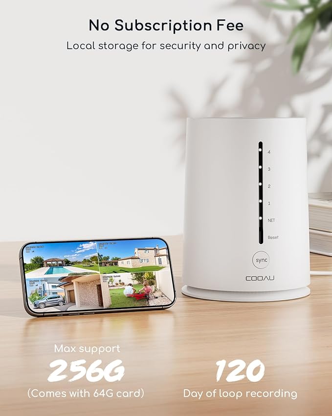 COOAU 4MP Solar Security Cameras Wireless Outdoor, 64GB Local Storage Outdoor Camera Wireless System, 360° Home Security, 5GHz & 2.4GHz WiFi, No Monthly Fee, Color Night Vision, PIR Motion Detection