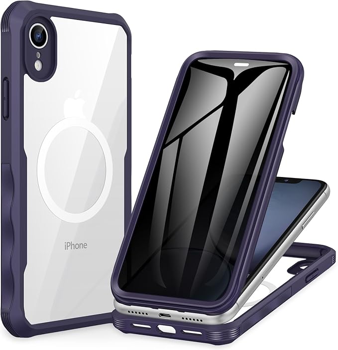 CENHUFO Privacy Magnetic for iPhone XR Case, Full Body Phone Case Built-in 9H Tempered Glass Privacy Screen Protector [Compatible with Magsafe] Shockproof Protective Bumper Clear Cover - Purple