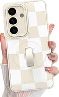 KANGHAR Compatible with Samsung Galaxy S26 Case, Support for MagSafe, Silicone Checkered Cute Pattern, Wristband Kickstand Camera Protection Soft Slim Cover for Girls Women -White