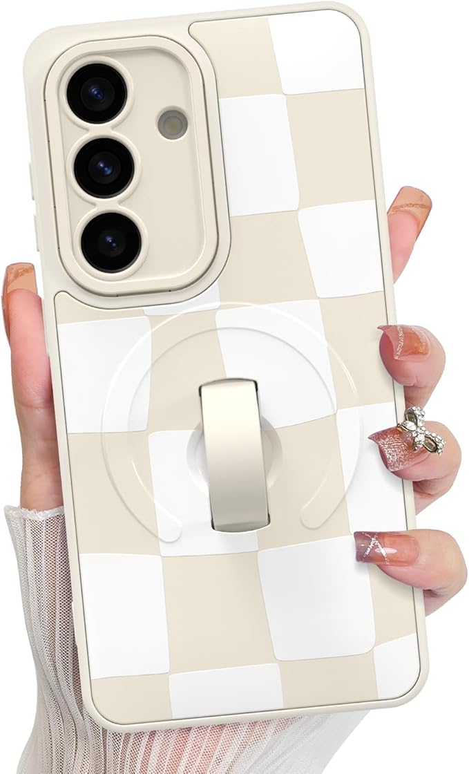 KANGHAR Compatible with Samsung Galaxy S26 Case, Support for MagSafe, Silicone Checkered Cute Pattern, Wristband Kickstand Camera Protection Soft Slim Cover for Girls Women -White