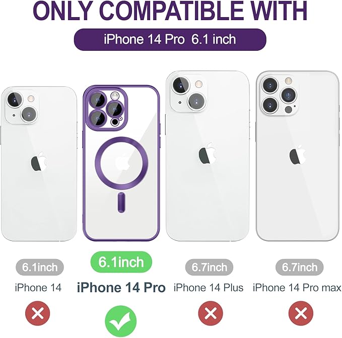Hython Magnetic Clear for iPhone 14 Pro Case with Camera Lens Protector [Compatible with MagSafe] Luxury Plating Edge Slim Soft TPU Cover Protective Phone Case for iPhone 14 Pro 6.1", Matte Purple