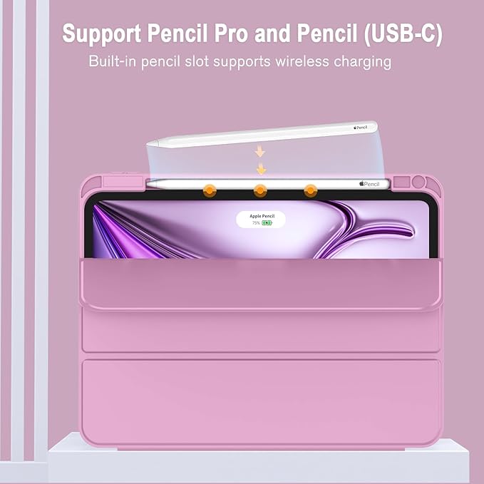 ZryXal New iPad Air 13 Inch Case M3 2025/M2 2024 with Pencil Holder, Trifold Stand Smart Case with Soft TPU Back,Auto Wake/Sleep(Pale Violet Red)