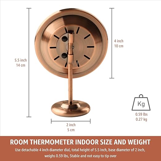 4-Inch Indoor Thermometer and Humidity Gauge, Room Analog Temperature and Humidity Monitor, Dual Scale Display, Brass Dial with Stand, Battery-Free for House, Home, Desk, Bedroom, Garage, RV