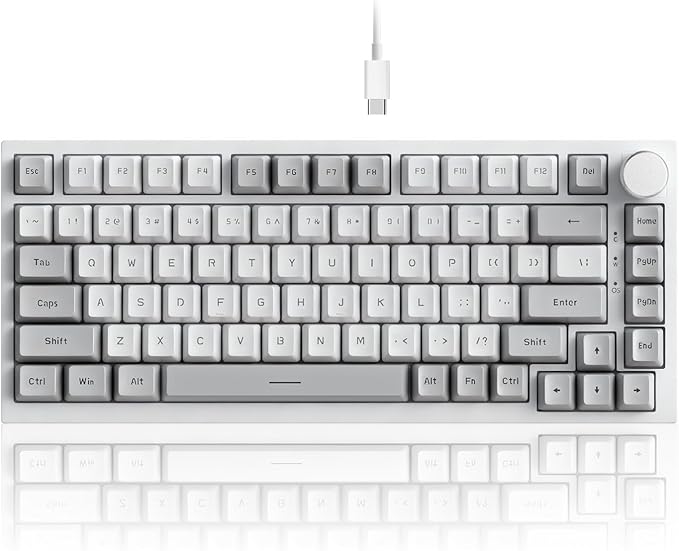 FIRSTBLOOD ONLY GAME. AK820 Wired 75% Mechanical Keyboard, Hot-Swappable Gasket-Mounted Gaming Keyboard with Red Switches, 81 PBT Keycaps Grey-White Layout, Multimedia Keys Knob, White Backlit