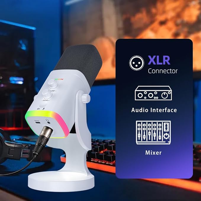 YU8-white Dynamic Microphone - USB/XLR RGB Mic with Echo Adjustment, Mute Key & Monitoring Jack, Desktop Microphone for PC Gaming, Streaming & Chat