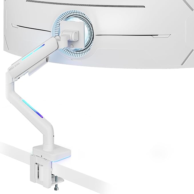 Ultrawide Monitor arm for 17-49'' Heavy Duty Screen up to 44lbs, Gas Spring Single Monitor Arm with RGB Light, Adjustable Gaming Computer Monitor Arm for Desk, White