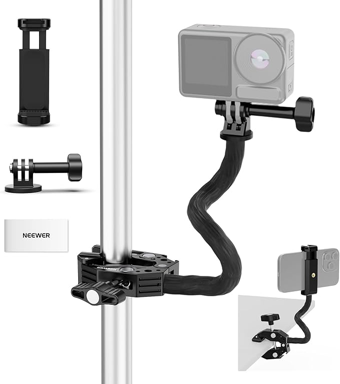 NEEWER Action Camera Mount Kit with Super Clamp, Soft Tube, Action Camera Adapter, Adjustable Holder for Flat/Round Surfaces, Compatible with GoPro Insta360 DJI Smartphone GP-26