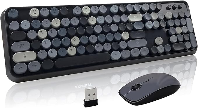 Wireless Keyboard and Mouse Combo, Retro Typewriter Style Round Key Keyboard, 2.4GHz Aesthetic Cute Bubble Full Size Keyboard with Number Pad for PC Computer Laptop Desktop–Black Grey Colorful