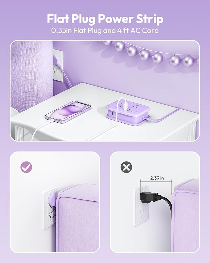 NTONPOWER Purple Travel Power Strip, 6 Outlets 4 USB Ports(2 USB C), 4ft Purple Extension Cord Wrapped Around Small Power Strip, Compact for Travel, Hotel, Cruise Approved
