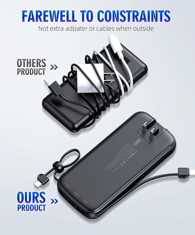 LOVELEDI Portable-Charger-Power-Bank - 15000mAh Power Bank Supports PD 30W Fast Charging Built-in AC Wall Plug and 2 Output Cables with LED Display for iPhone iPad and Most Electronic Devices(Black)