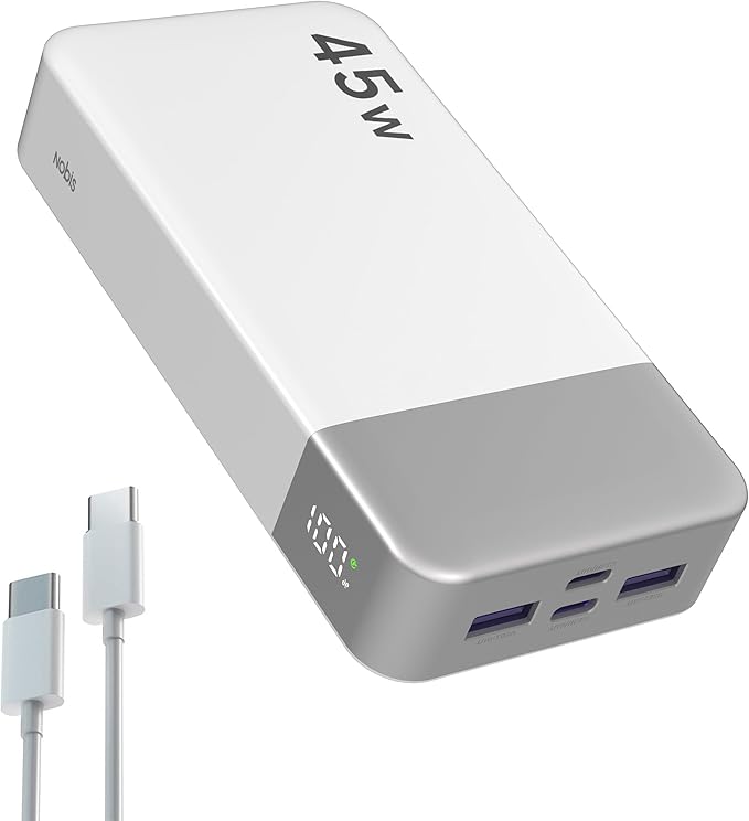 NOBIS Portable Charger, 20000mAh Power Bank, 45W Power Bank Fast Charging, Battery Pack with C to C Cable, Battery Bank with Digital Display for iPhone Android Laptop etc (White)