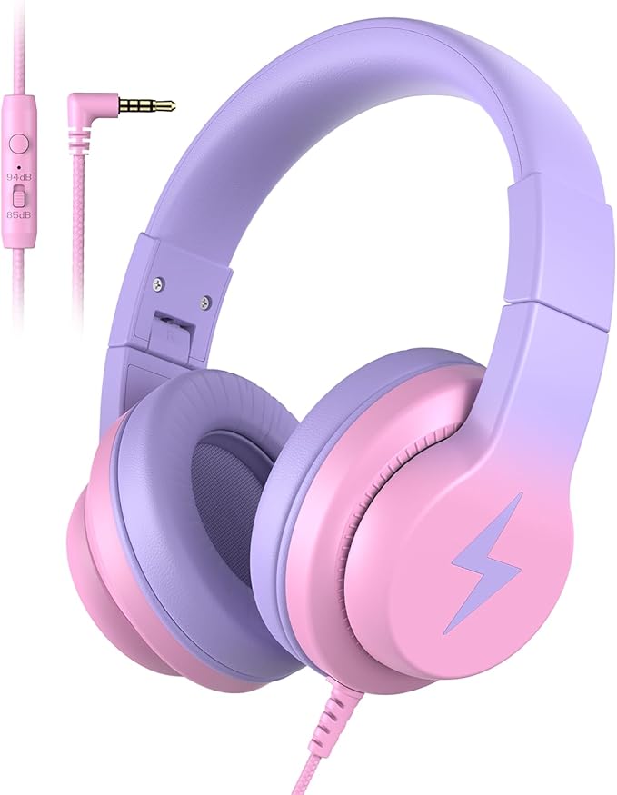 Candy Bila Kids Headphones, Wired Headphones for Kids Over Ear with Microphone, 85/94dB Volume Limiter Headphone for Girls Boys, Foldable Headphone for Learning & Entertainment, Gradient Red