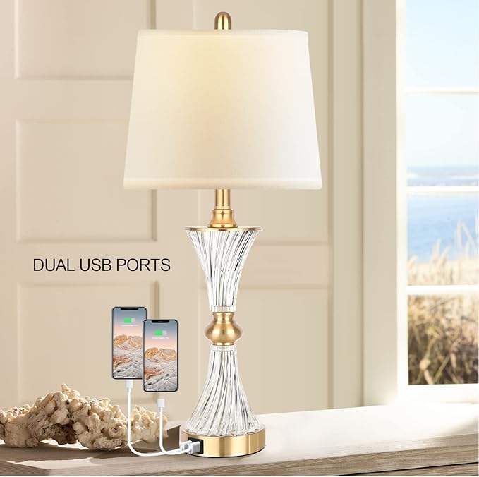 Hamucd Touch Table Lamps for Bedroom Set of 2 Modern Living Room 3 Way Dimmable Gold Glass Bedside Nightstand Lamp for End Table with 2 USB Charging Port,2 Bulbs Included