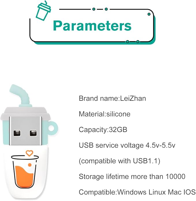 32GB Cute USB Flash Drive Computer Memory Stick Funny USB Pendrive for Teachers, Students, Family and Friends - Blue Coffee