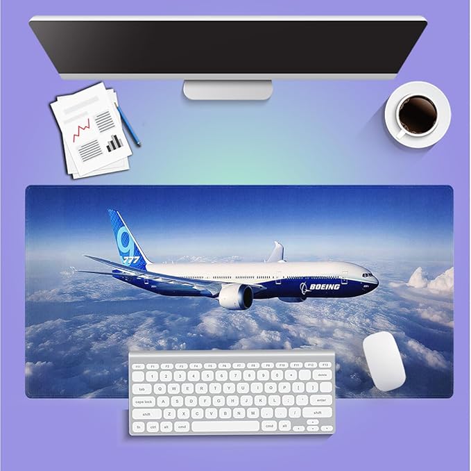 Large Gaming Mouse Pad (31.5" x 15.8") - Airplane Soaring Above the Clouds, Aircraft Design for Boeing 777 Enthusiast Extra XXL Extended Office Accessories, Premium Stitched Anti-Slip Desk Mat