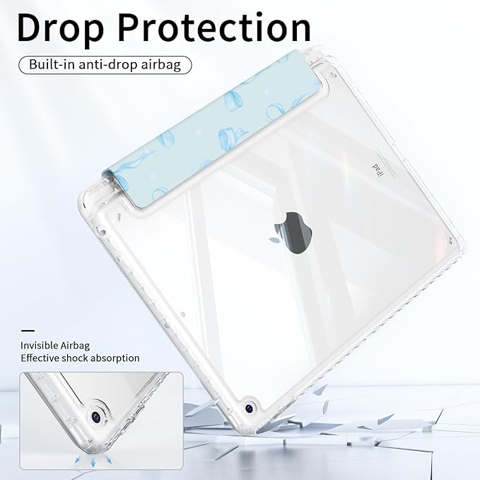 Case for iPad 10.2-inch 9th Generation (2021)/ 8th Generation (2020)/ 7th Gen (2020), Protective Slim Clear Back Cover with Pencil Holder, Trifold Sturdy Stand, Blue Bows