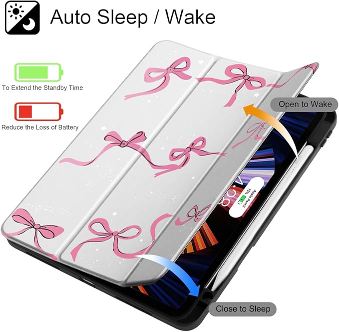 May Chen Case for iPad Pro 11-Inch M5/M4 2025/2024 (6th/5th Generation), Clear Transparent Print Back Shell Slim Stand Shockproof Tablet Cover, Auto Wake/Sleep, White Bows