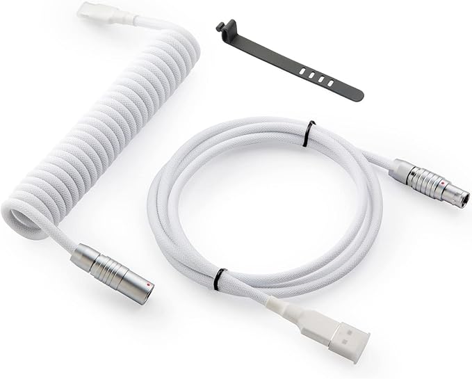 GUNMJO Pro Custom Coiled USB C Cable for Gaming Keyboard, Double-Sleeved Mechanical Keyboard Cable with Slim Type Detachable Metal Aviator, 1.5M USB-C to USB-A, White Color