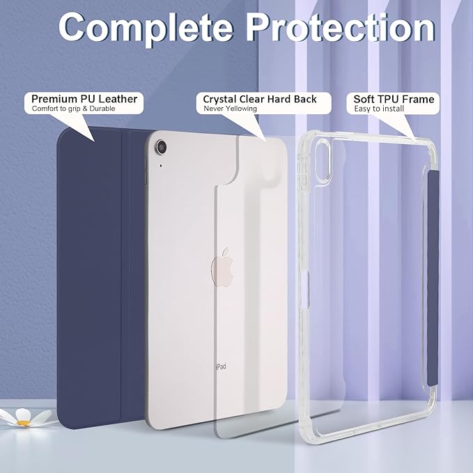 Case for iPad A16 11th Generation 11" 2025, iPad 10th Generation 10.9 Inch 2022, Hybrid Protective Cover with Pencil Holder, Clear Transparent Back Shell Anti-Yellowing Case, Dark Blue