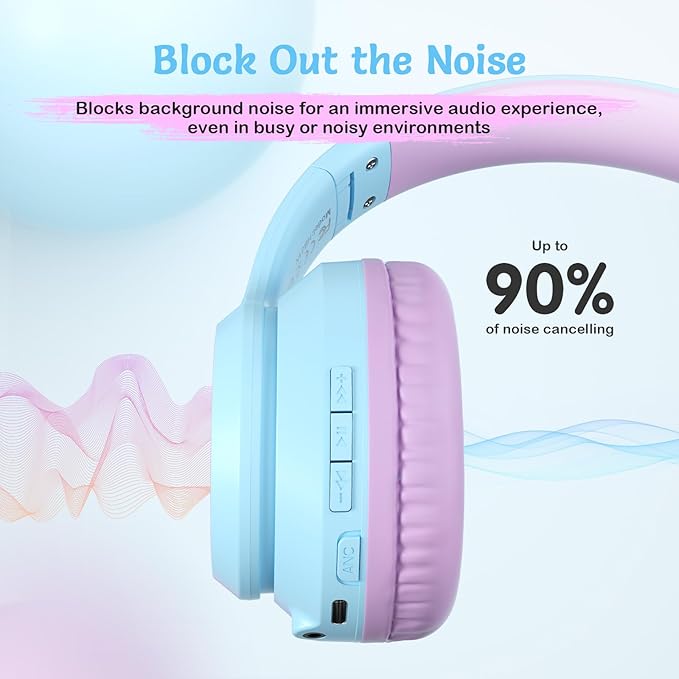 TONOSHARK Kids Bluetooth Headphones with Active Noise Cancelling, Wireless Over-Ear Headphones for Boys Girls, Foldable, Adjustable, 40H Playtime, Mic for School Travel (Purple Blue)