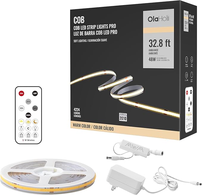 16.4ft COB Led Strip Light with Remote, 2700K Ra93+ Dimmable Bright Warm White Led COB Strip Light, White Led Strip Light for Mirror, Stair, Cabinet, Room