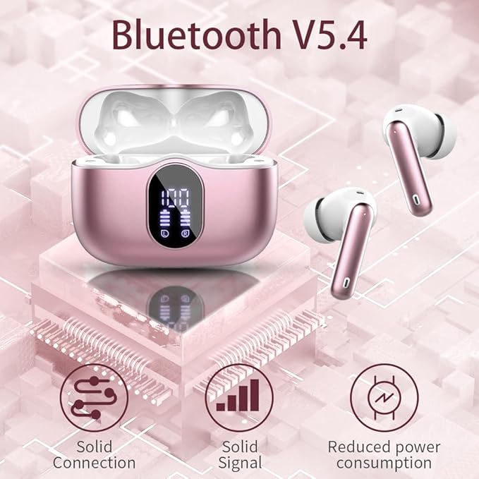 Wireless Earbuds Bluetooth 5.3 Headphones Bass Stereo Ear Buds with Noise Cancelling Mic LED Display in Ear Earphones IP7 Waterproof 36H Playtime for Laptop Pad Phones Sports Workout Pink Gold