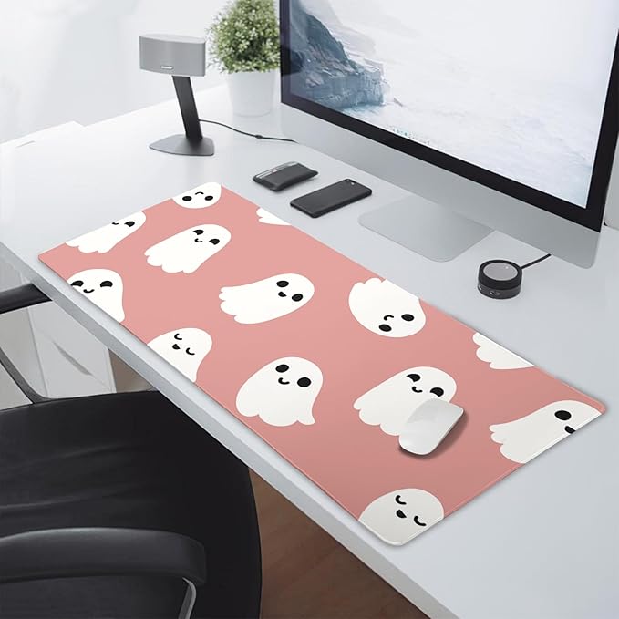 Halloween Cute Ghost Mouse Pad Kawaii Cartoon Spooky Funny Spirit Extended Desk Mat Non-Slip Rubber Base Stitched Edge Large XXL Pink White Mousepad for Gaming Laptop Computer Desktop 35.4×15.7 in