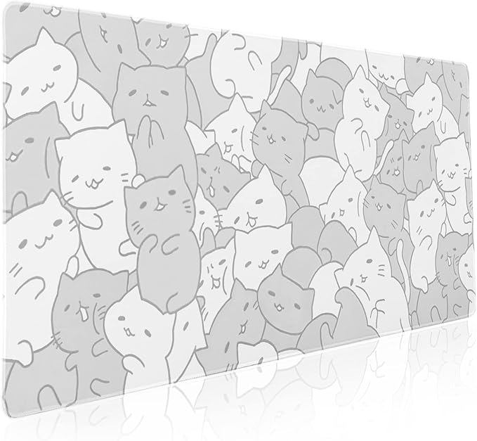 Kawaii Cats White Gaming Mouse Pad XXL Cute Kittens Japanese Extended Big Large Desk Mat Non-Slip Rubber Base Stitched Edge Long Keyboard Mousepad for PC Computer Laptop, 35.4×15.7 Inches