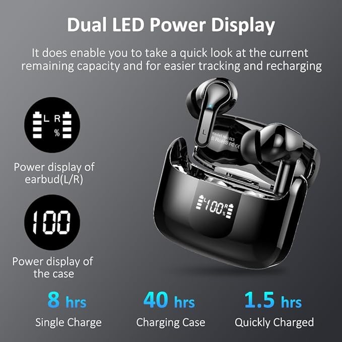 Wireless Earbuds, 2026 Bluetooth 5.4 Headphones NEW Ear Buds 40H Bass Stereo in-Ear Earphones ENC Noise Cancelling Earbuds with 4 HD Mic, USB-C LED Display IP7 Waterproof Sport Headset for Android iOS