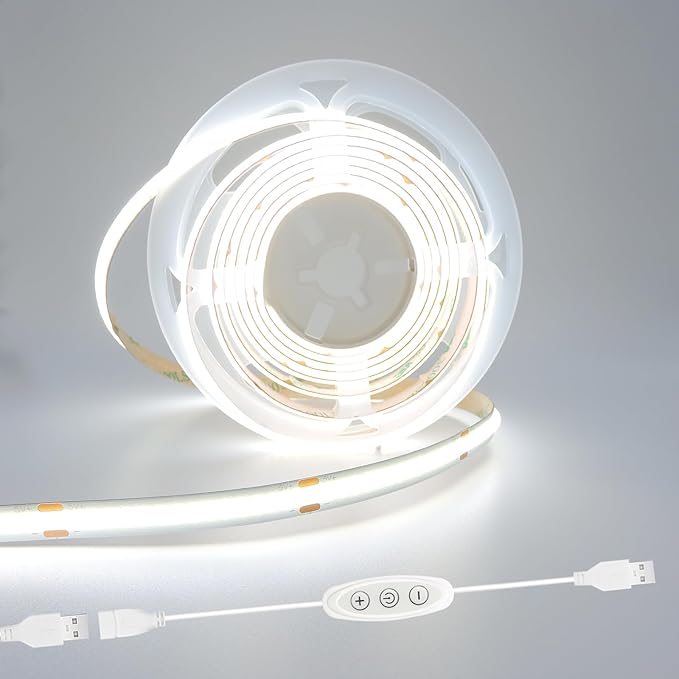 5V COB LED Strip Lights USB Powered Dimmable 6500K White CRI93+ 6 ft Dotless LED Tape Light with Dimmer, Flexible Cuttable COB Strips for Sewing Machine 3D Printer Desk TV DIY Cabinet Lighting
