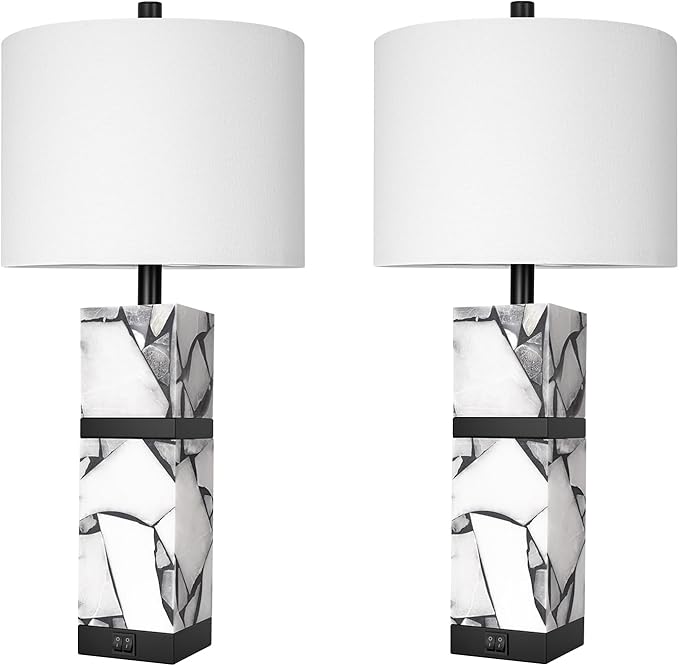 Scenekoy 27" Alabaster Table Lamps Set of 2 with Night Light for Living Room Bedroom, Nightstand Lamps with Linen Shade, Modern Bedroom Lamps with USB A+C Ports for Living Room Office (Bulb Included)