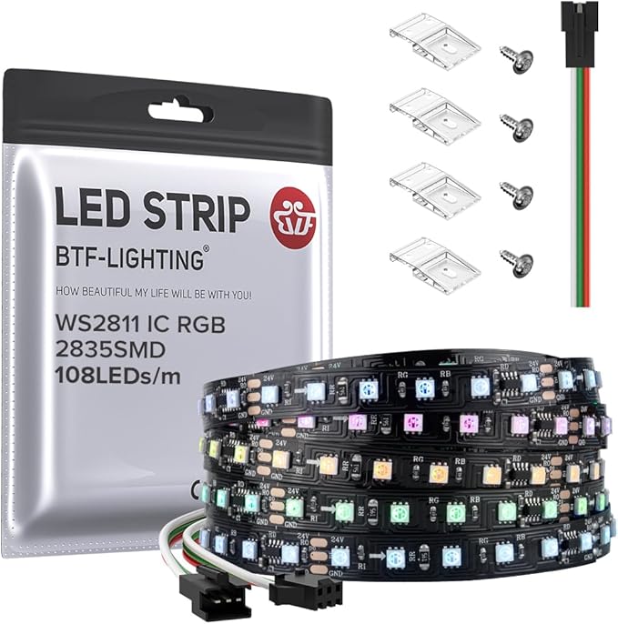 BTF-LIGHTING 2835SMD WS2811 IC RGB Chasing Color LED Strip Light 16.4FT DC24V 108LED/m 18Pixels/m 8mm Width Flexible Addressable Strip for Indoor Decor (No Adapter or Controller)