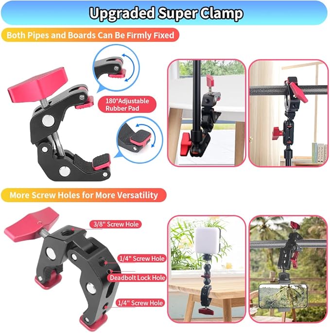 13"/34cm Magic Arm w Clamp, Camera Mount & Clamp w 1/4" 3/8" Threads and Articulating Friction Magic Arm, Overhead Phone Mount, Camera Boom Arm Mount for Light Webcam Mic Action Camera Monitor