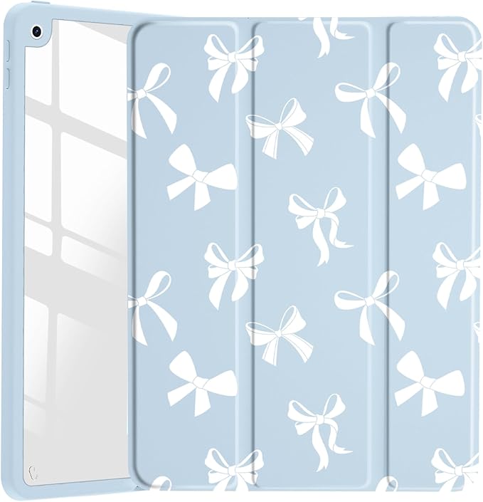 JOYLAND White Bow Pattern Case for iPad Air 13-inch (M3) 2025/ (M2) 2024, Clear Acrylic Hard Back Blue Case with Pencil Holder Trifold Stand Tablet Cover for Girls Women