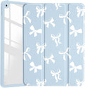 JOYLAND White Bow Pattern Case for iPad Air 13-inch (M3) 2025/ (M2) 2024, Clear Acrylic Hard Back Blue Case with Pencil Holder Trifold Stand Tablet Cover for Girls Women