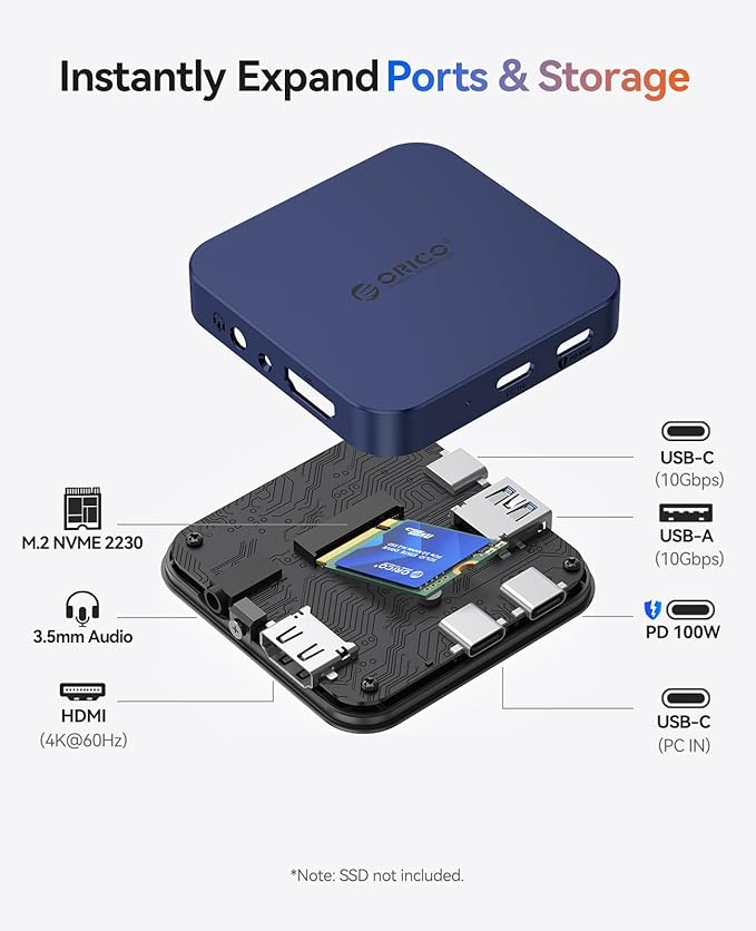 ORICO 10Gbps Magnetic M.2 Docking Station, 6-in-1 USB C HUB & M.2 2230 NVMe Enclosure with HDMI 4K@60Hz, USB-A&C 3.2, 100W PD, AUX, USBC Dock for iPhone 17/16/15 Pro/Pro Max
