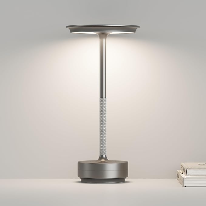 Cordless Table Lamps, LED Rechargeable Outdoor Waterproof Portable Touch Battery Table Lamps with Memory Function, Built-in 5000mAh,Battery for Patio/Campsite/Work(Silver)