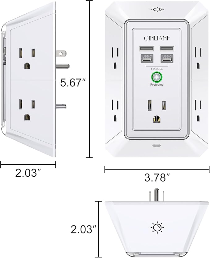 3-Sided Outlet Extender with Night Light - QINLIANF Multi Plug Outlet with 5 Outlets and 4 USB Ports(2 USB-C), USB Wall Charger for Home, Office, Travel, ETL Listed, White