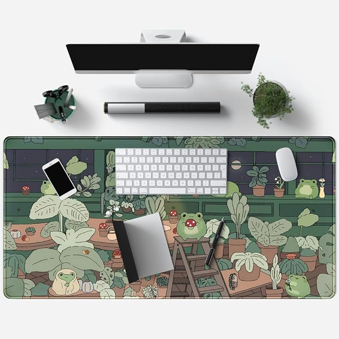 Cute Frog Mouse Pad Desk Pad Kawaii Green Desk Decor Mat, Large Gaming Mouse Pad for Desk Computer Keyboard Laptop, Home Office Accessories for Girl (31.5x15.7 in)-with Stitched Eges Pad